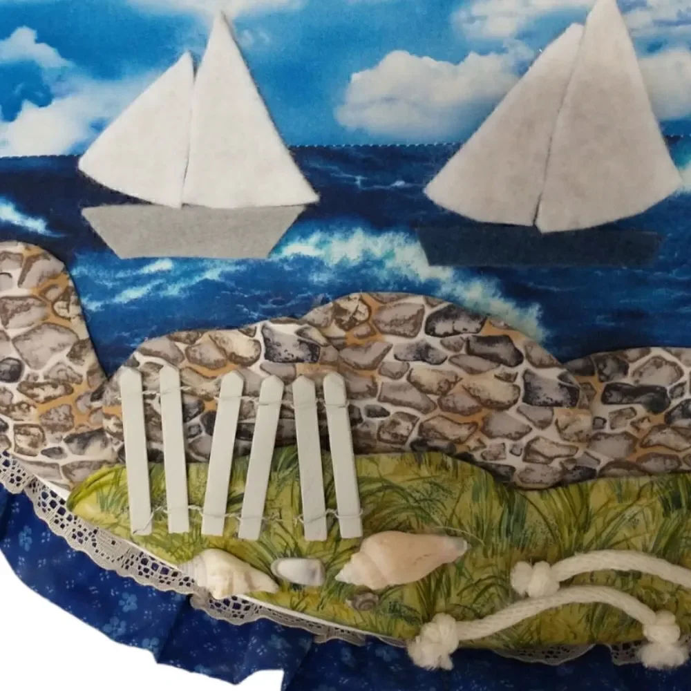 Vtg‎ Handmade Beach Wall Art Near The Sea Quilted Shells Lighthouse Beach House.